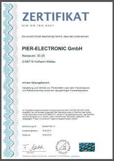DIN EN ISO 9001 Certificate for PIER-ELECTRONIC GmbH